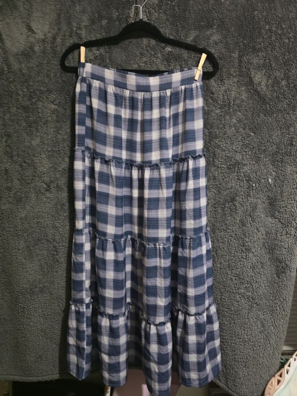 Doe & Rae Blue Plaid Tiered Maxi Skirt
